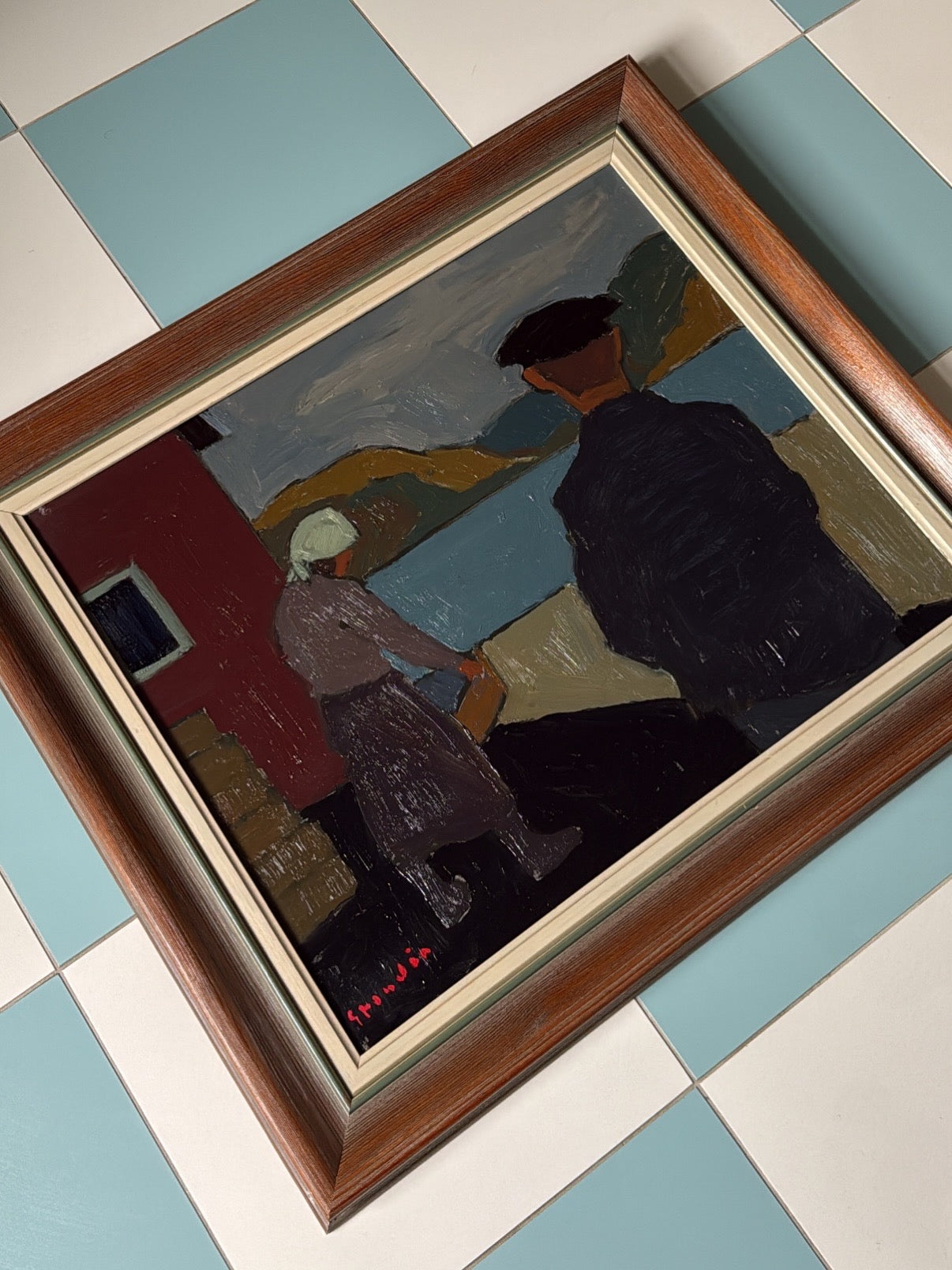 Vintage Fisherman Oil Painting